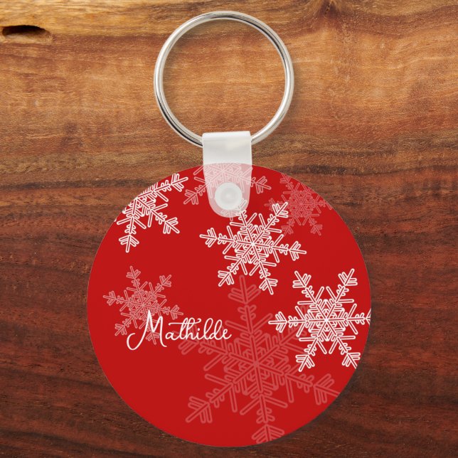 Red White Snowflakes Minimalist Christmas Name Keychain (Front)