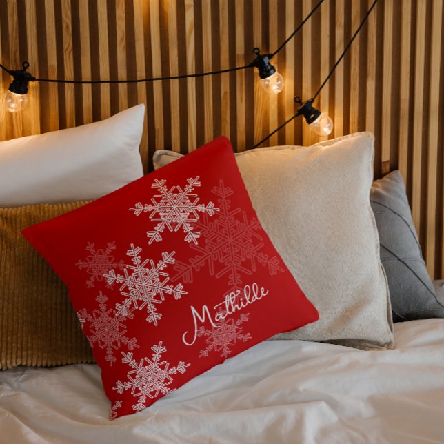 Red White Snowflakes Minimalist Christmas Name Throw Pillow (Creator Uploaded)