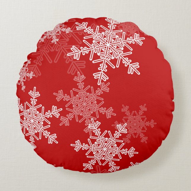 Red White Snowflakes Minimalist Christmas Round Pillow (Front)