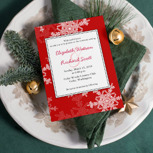 Red White Snowflakes Minimalist Christmas Wedding Invitation