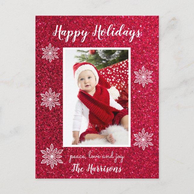 Red White Snowflakes Photo Happy Holiday Postcard (Front)