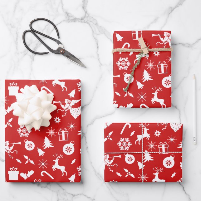 Red White Snowflakes Reindeer Angles Christmas Wrapping Paper Sheet (Front)