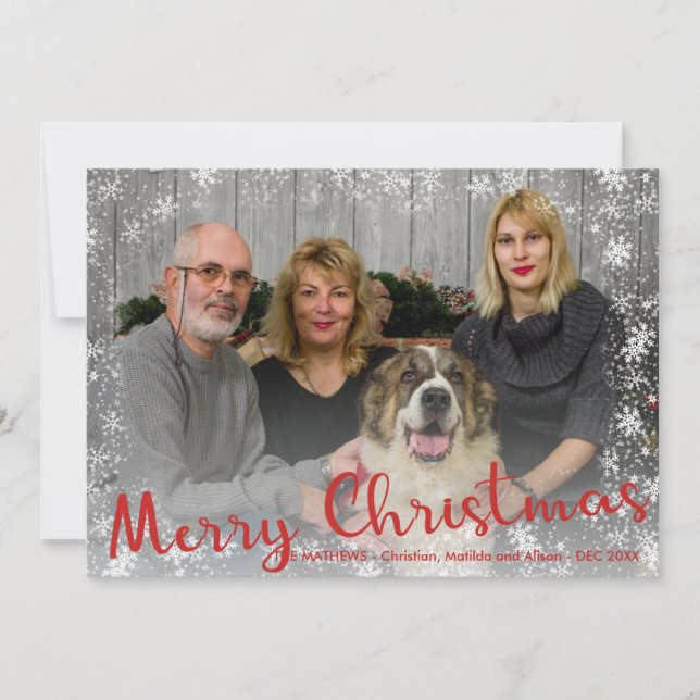 Red white snowflakes rustic Merry Christmas script Holiday Card (Front)