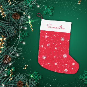 Red White Snowflakes Stars Pattern with Name Small Christmas Stocking