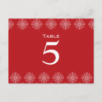 Red + white snowflakes wedding table number