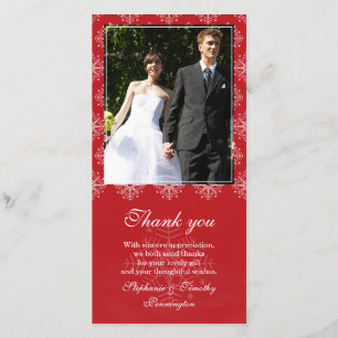 Red + white snowflakes wedding thank you photo card