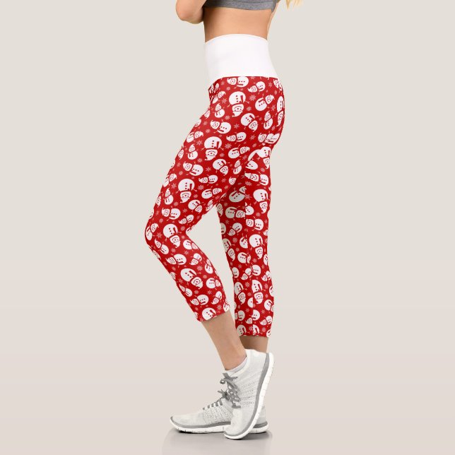 Red & White Snowman with Snowflake Pattern Capri Leggings (Left)