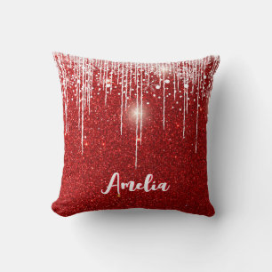 Red White Snowy Drip Snowflake Custom Name Throw Pillow