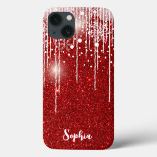 Red White Snowy Dripping Snowflake Custom Name iPhone 13 Case