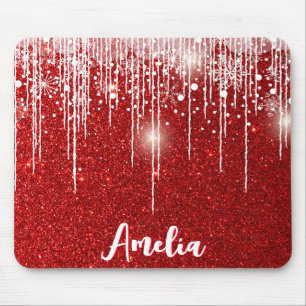 Red White Snowy Snowflake Your Name Mouse Pad