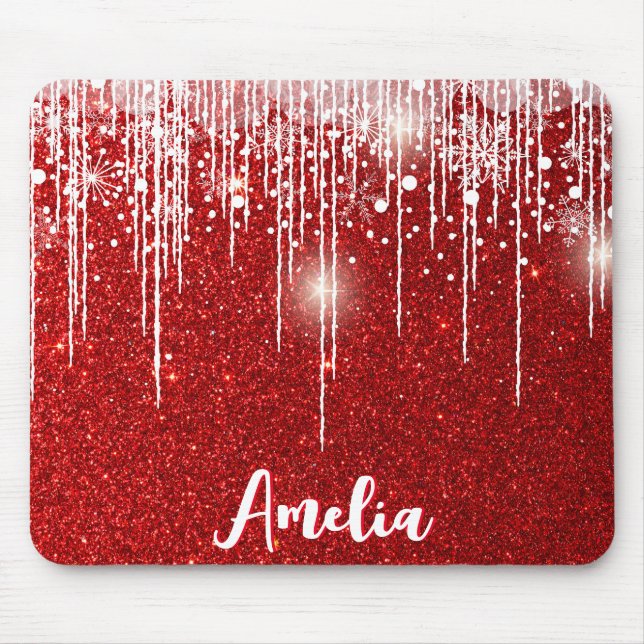 Red White Snowy Snowflake Your Name Mouse Pad (Front)