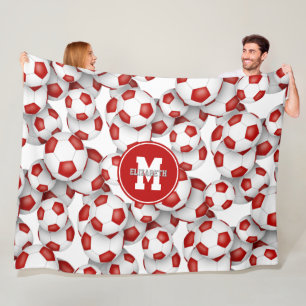 red white soccer balls pattern monogrammed fleece blanket
