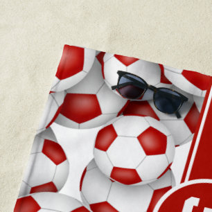 Red white soccer balls pattern personalized name beach towel