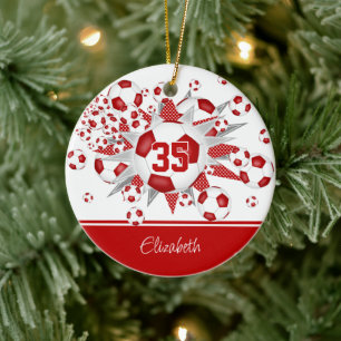 Red white soccer balls stars personalized  ceramic ornament