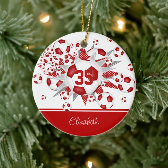 Red white soccer balls stars personalized  ceramic ornament (Tree)