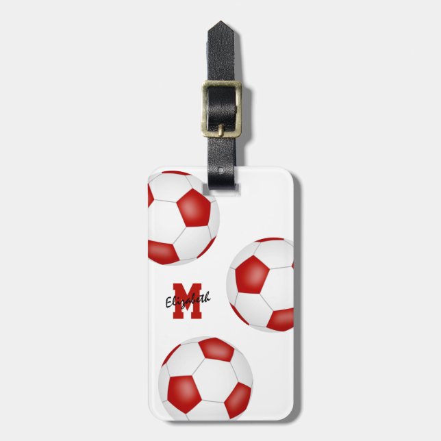 red white soccer travel team monogrammed luggage tag (Front Vertical)
