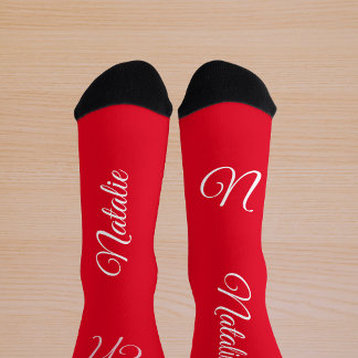 Red white solid colour monogrammed socks