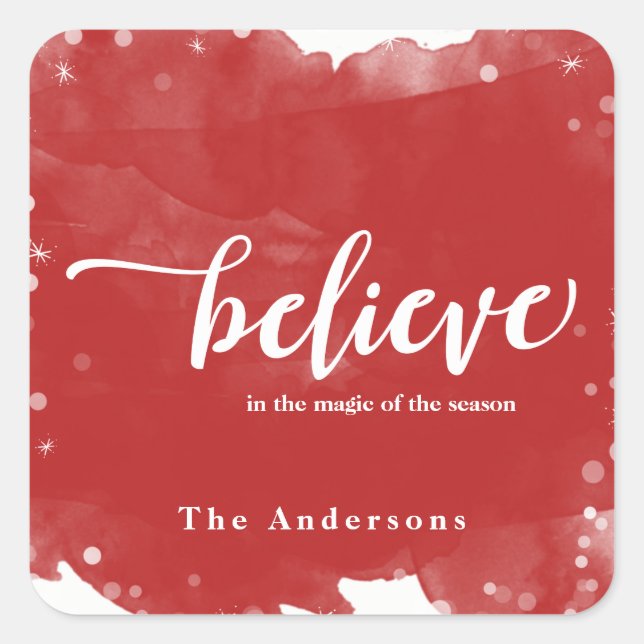 Red & White Sparkle Believe In Christmas Holiday Square Sticker (Front)