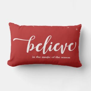 Red & White Sparkle Believe In Holiday Christmas Lumbar Pillow