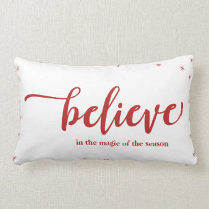 Red & White Sparkle Believe In Holiday Christmas Lumbar Pillow