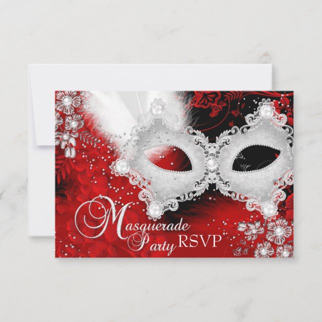 Red White Sparkle Mask Masquerade Party RSVP (Front)