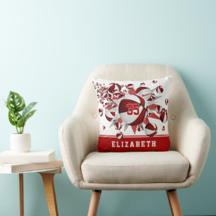 red white sports room girls basketballs stars throw pillow