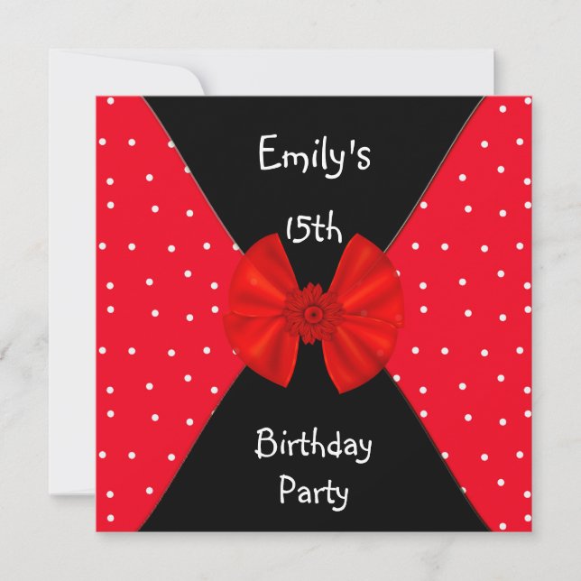 Red White Spot Invitation Cute Bow 15th Birthday (Front)