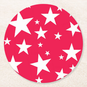 Red White Stars Elegant Christmas Template Round Paper Coaster