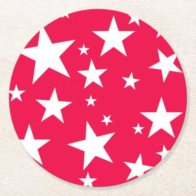 Red White Stars Elegant Christmas Template Round Paper Coaster (Front)
