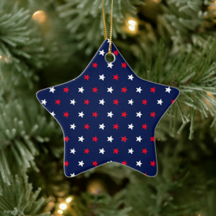 Red white stars navy blue american style pattern ceramic ornament