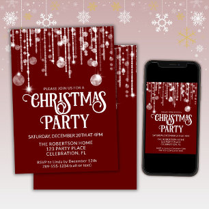 Red White String Lights Christmas Holiday Party Invitation
