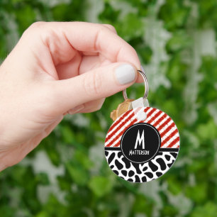 Red White Stripe Black Pattern Monogram Keychain