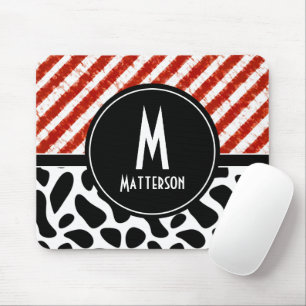Red White Stripe Black Pattern Monogram Mouse Pad