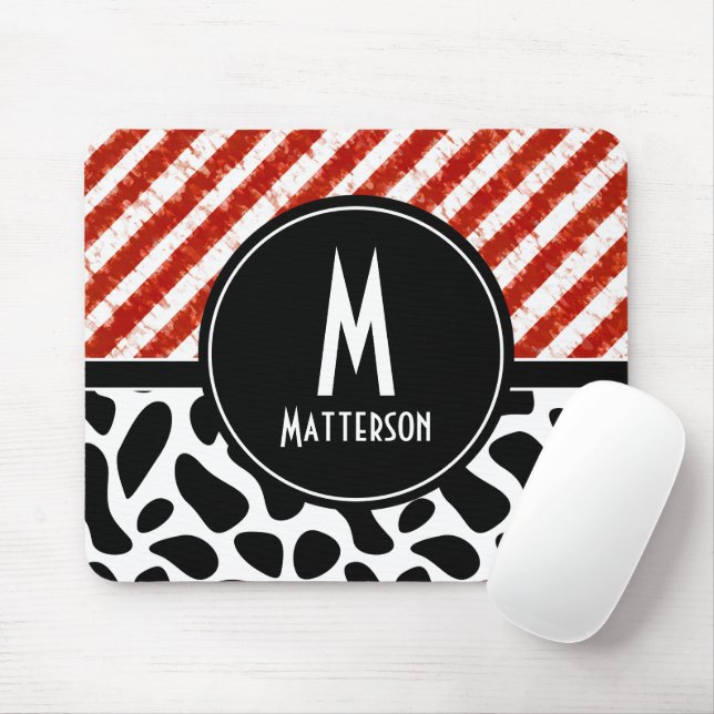 Red White Stripe Black Pattern Monogram  Mouse Pad (With Mouse)