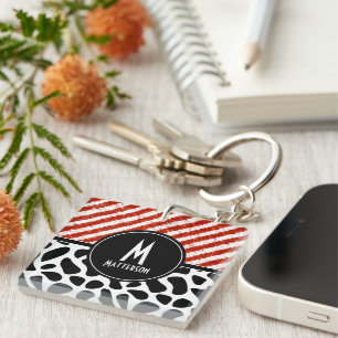 Red White Stripe Black White Pattern Monogram  Keychain