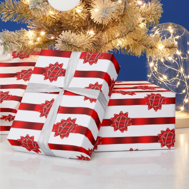 Red White Stripe Christmas Bows Holiday Wrapping Paper (Holidays)