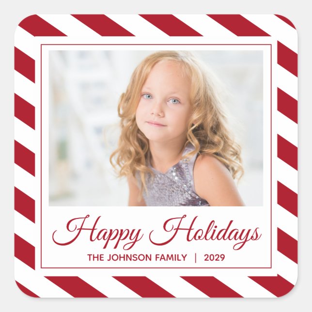 Red White Stripe Happy Holidays Photo Square Sticker (Front)