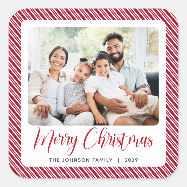 Red White Stripe Merry Christmas Photo Square Sticker (Front)