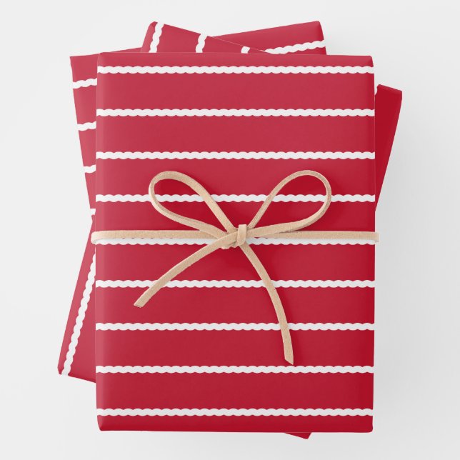 Red white stripe squiggly lines Christmas Wrapping Paper Sheet (In situ)