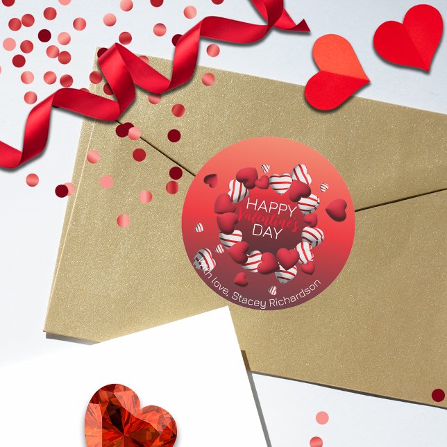 Red White Striped 3D Hearts Happy Valentine's Day Classic Round Sticker (Creator Uploaded)