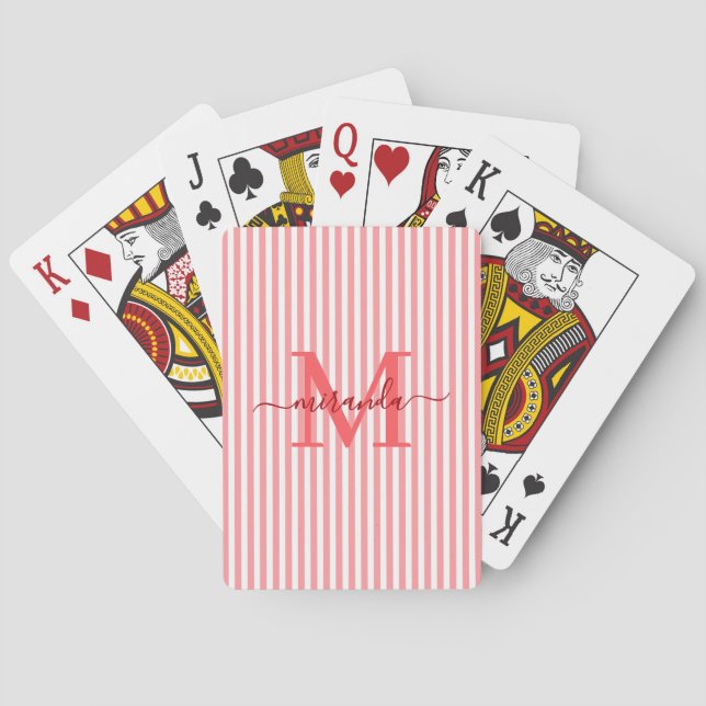 Red & White Striped Monogram Name Playing Cards (Back)