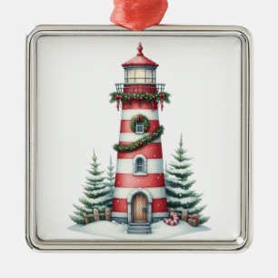 RED & WHITE STRIPED NAUTICAL CHRISTMAS LIGHTHOUSE METAL ORNAMENT