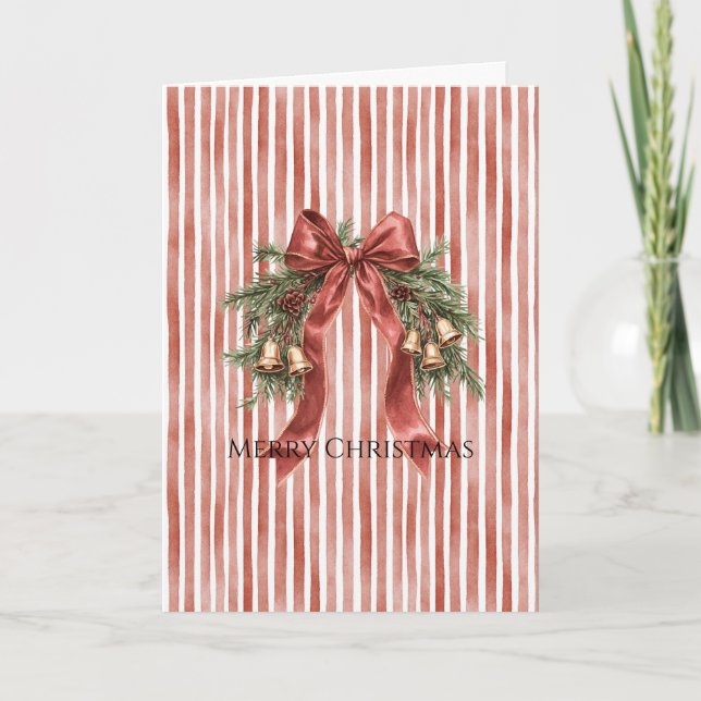 Red White Stripes Christmas Bow Bells  Card (Front)