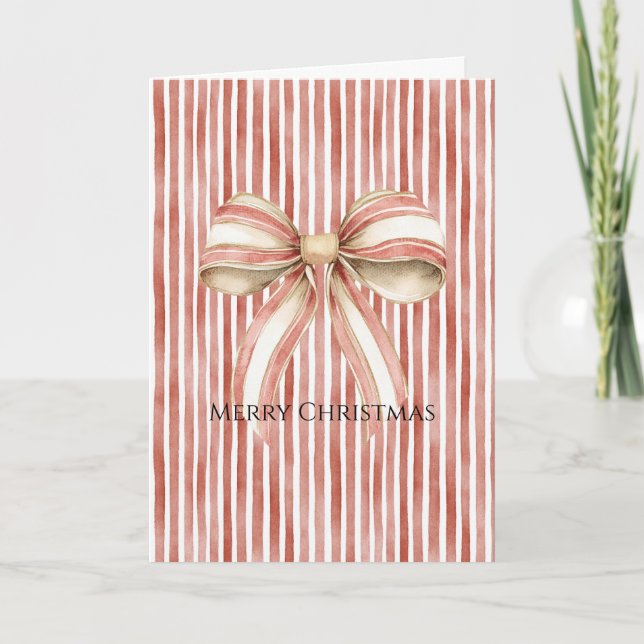 Red White Stripes Christmas Pretty Bow  Card (Front)