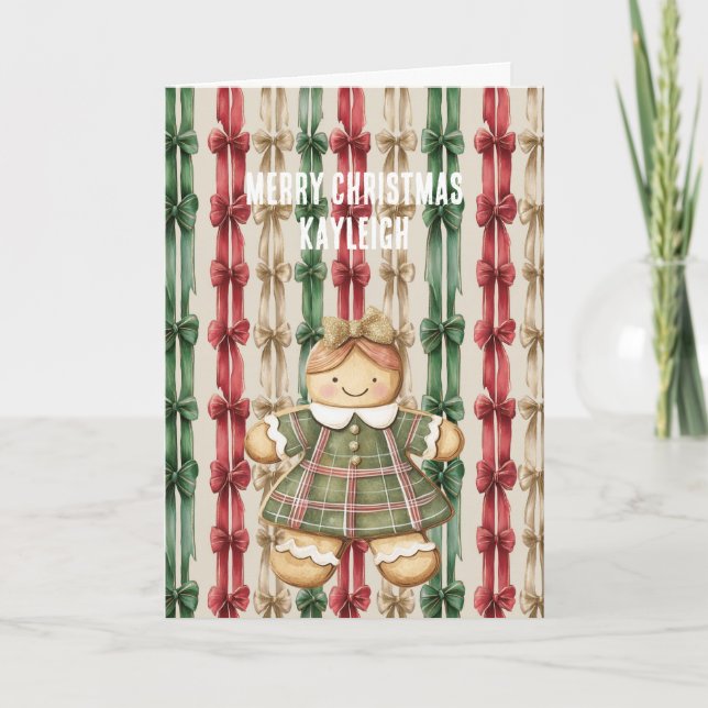 Red White Stripes Christmas Ribbons Gingerbread   Card (Front)