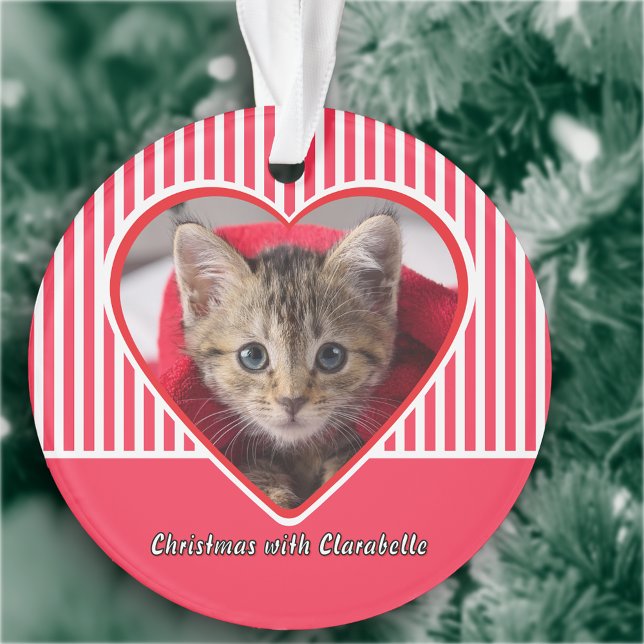 Red & White Stripes Custom Cat Photo Heart Holiday Ornament (Creator Uploaded)