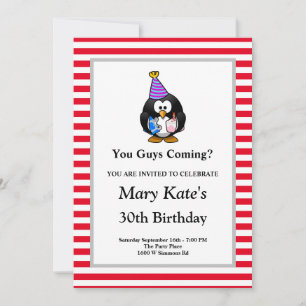 Red/White Stripes Framed Funny Birthday Party Invitation