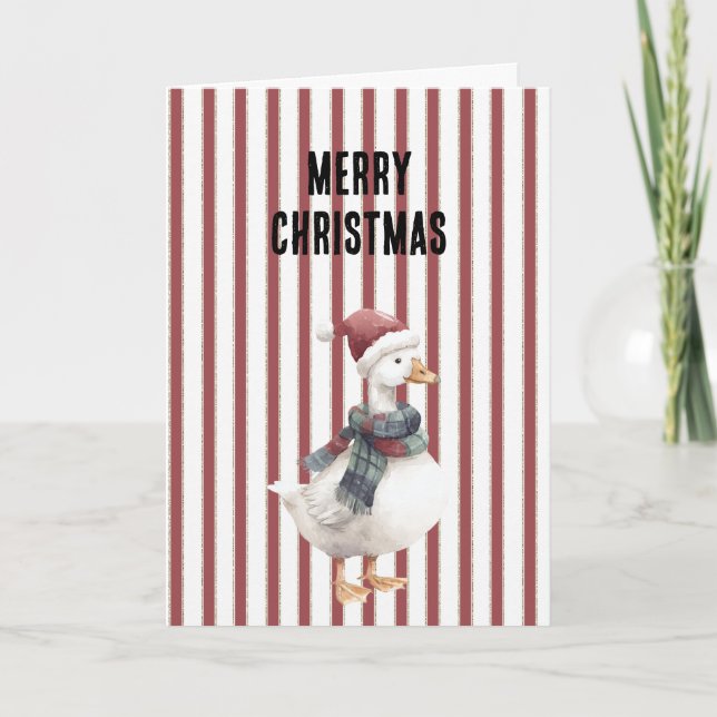 Red White Stripes Goose with Santa Hat Christmas Card (Front)