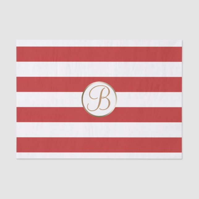 Red White Stripes Monogram Letter Initial Tissue Paper (Front)