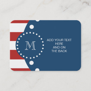 Red White Stripes Pattern, Navy Blue Monogram Business Card